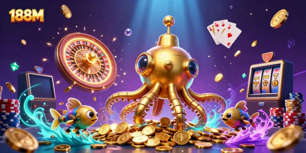 Play exciting games at 188M, where a golden kraken submarine rises through golden coins with a colorful casino backdrop.