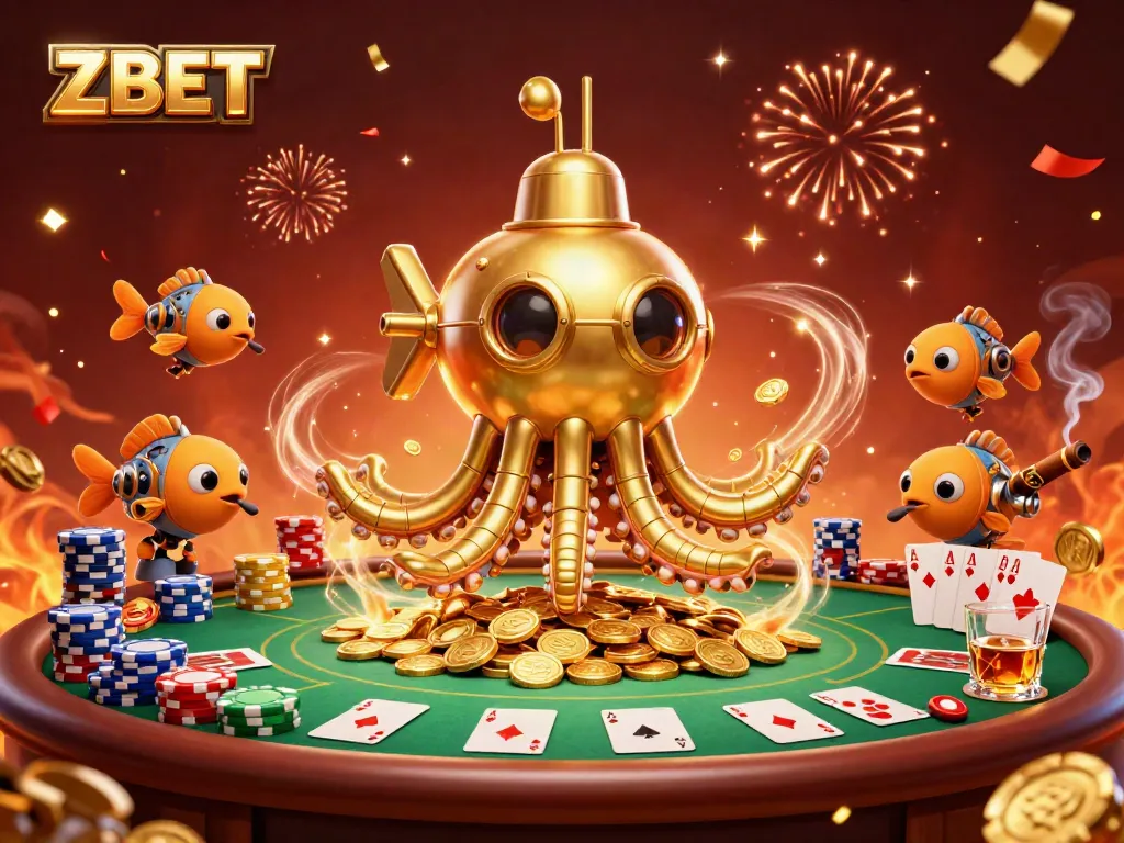 ZBET casino illustration with a golden kraken submarine and exciting poker elements.