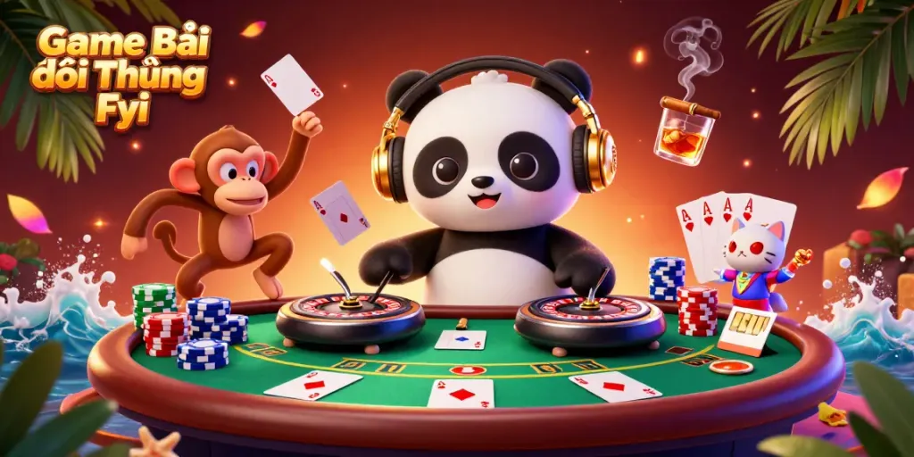 Experience the best thrill of Game Bài Đổi Thưởng Fyi with our vibrant 3D casino scene featuring a DJ panda and dancing characters.