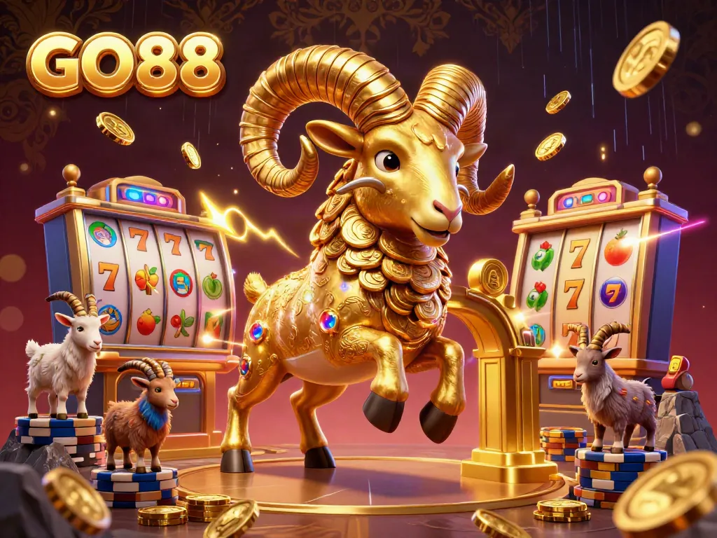 Experience thrilling gameplay with GO88 featuring a golden ram charging through slot elements in a vibrant casino.