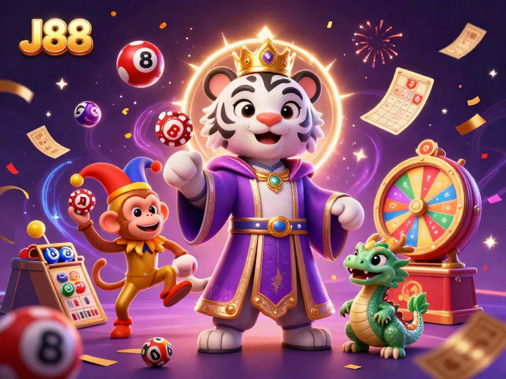 Engage in exciting casino action with the lively J88 illustration featuring a royal tiger and jester monkey.