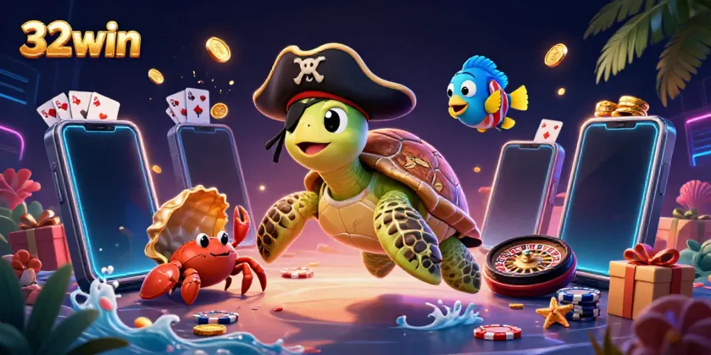 Engaging 3D illustration showcasing a pirate turtle, colorful slot games, and casino elements inspired by 32win.
