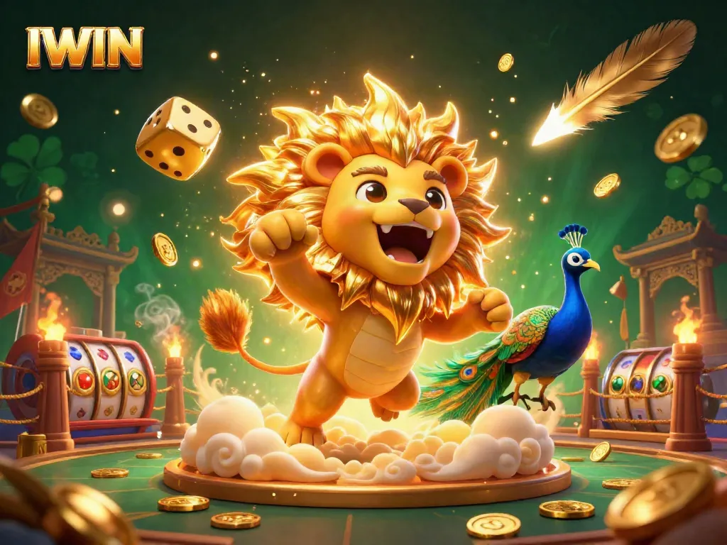 IWIN casino scene featuring a radiant sun lion and golden dice in a vibrant gaming atmosphere