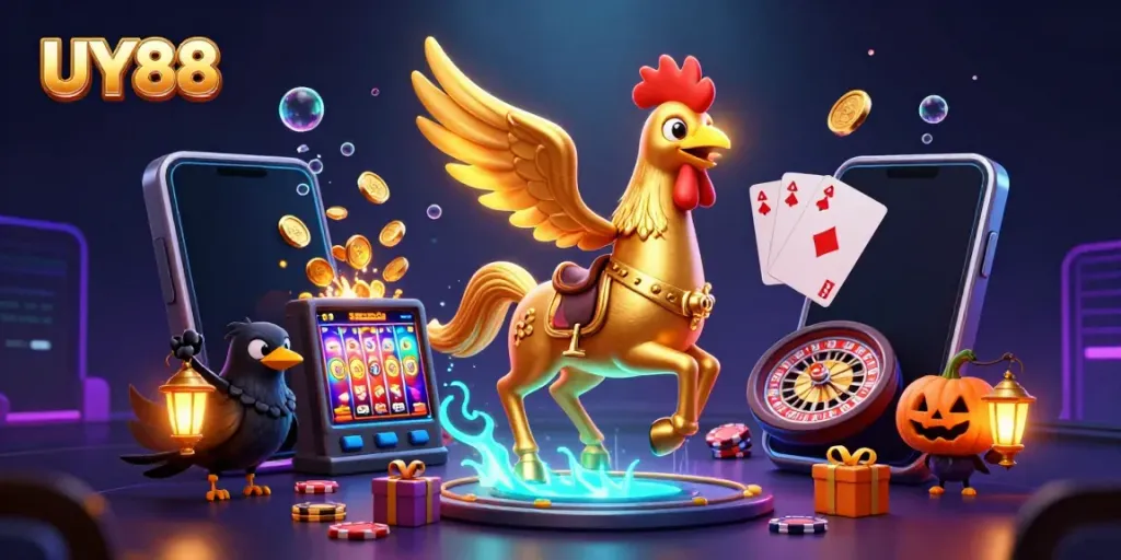 Experience the vibrant world of UY88 with golden roosters and exciting casino visuals.