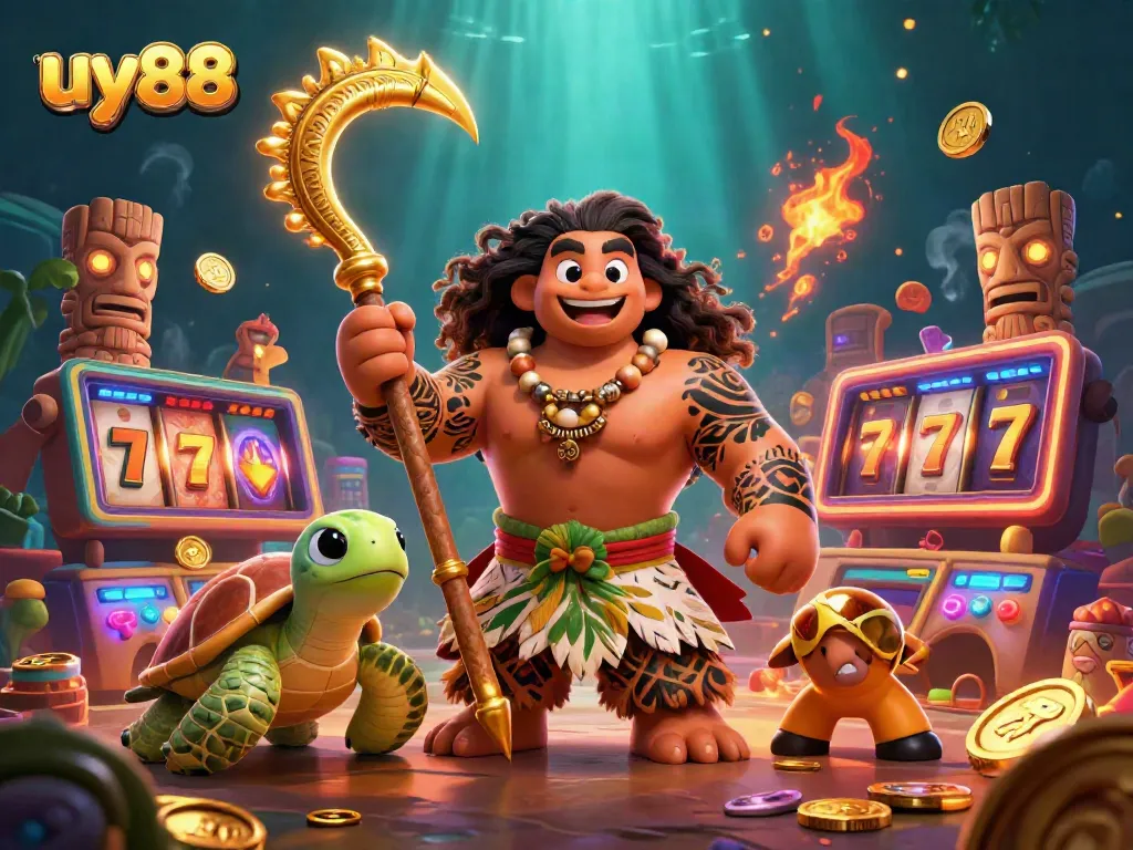 Experience exciting gameplay with uy88 as a hawk demigod and turtle explore a colorful casino world.