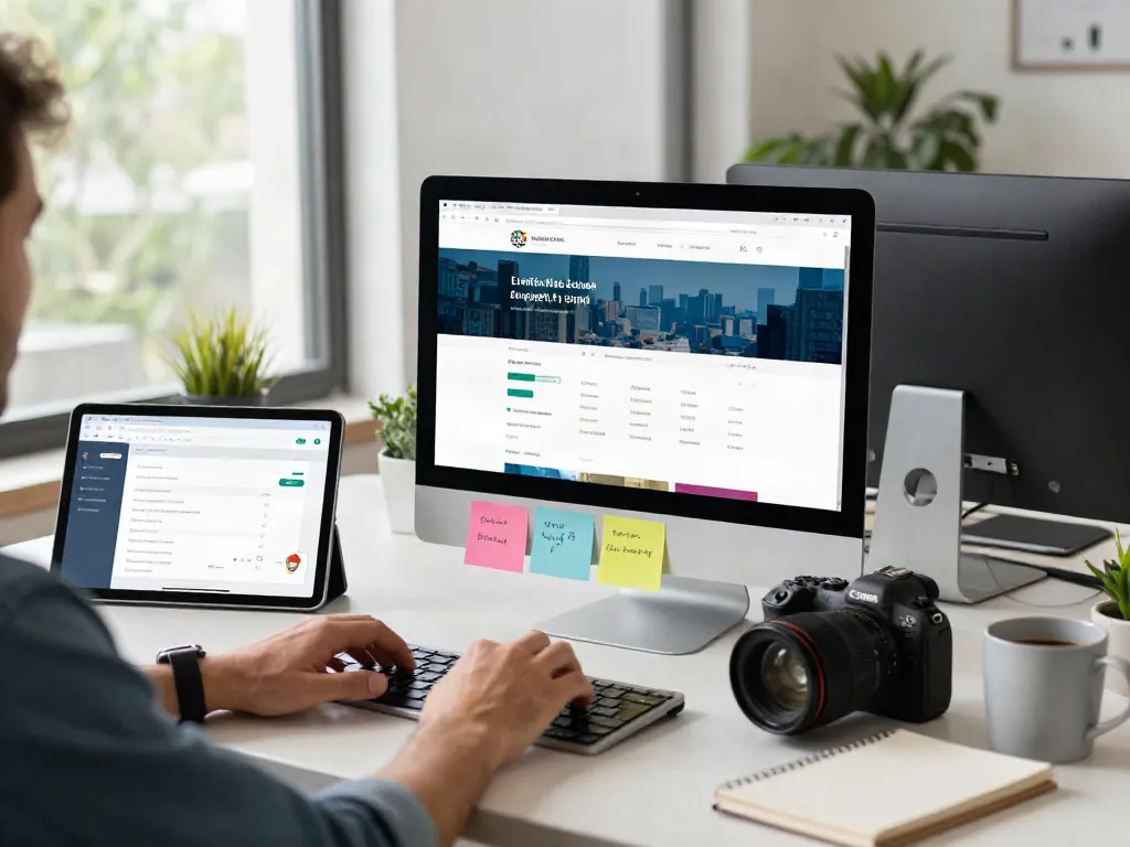 Professional accessing 최신주소 in a modern workspace with tech gadgets.