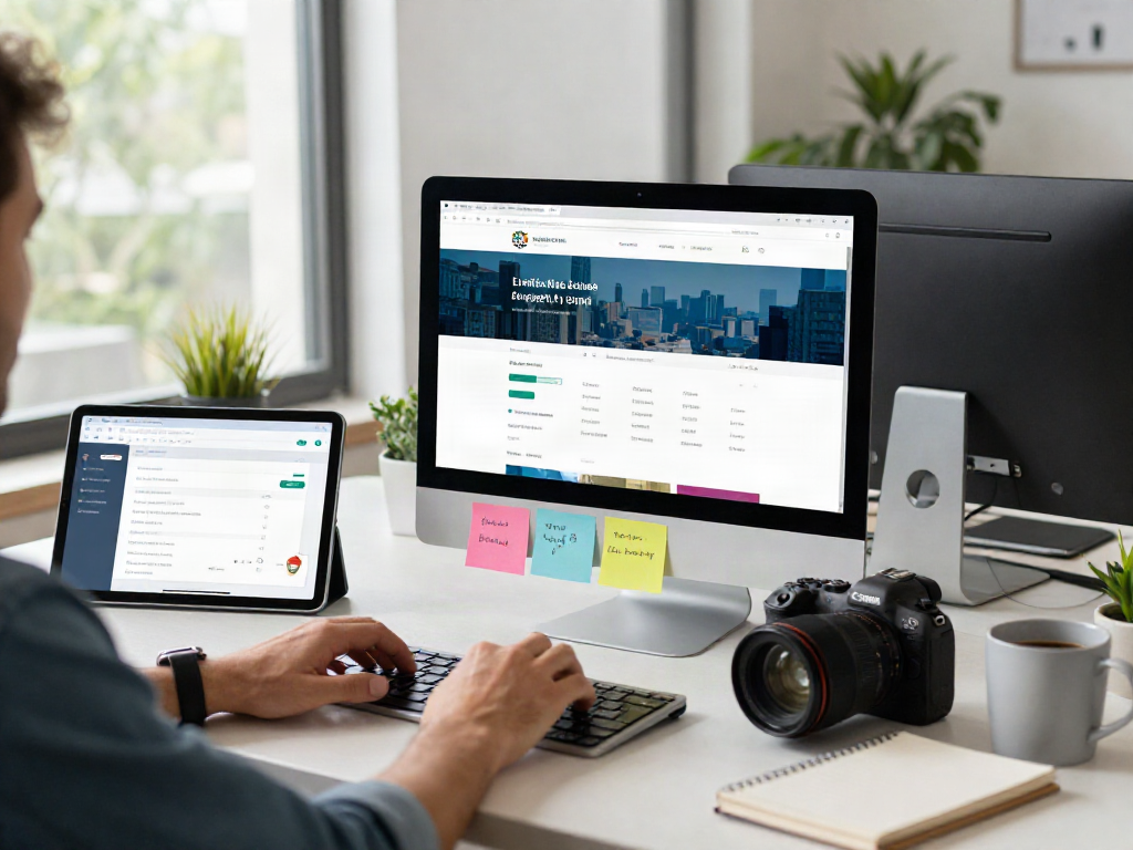 Professional accessing 최신주소 in a modern workspace with tech gadgets.