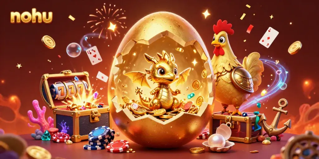 Crack open the nohu golden egg and reveal a winning baby dragon guarding poker chips in a vibrant casino.