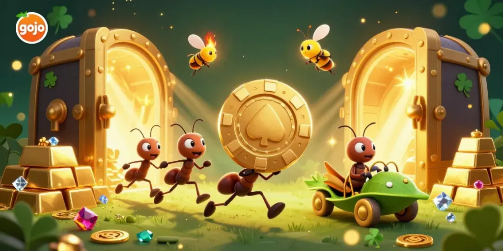 Engage with the thrilling Gojo heist scene, featuring cartoon ants carrying a huge poker chip amidst vibrant casino treasures.