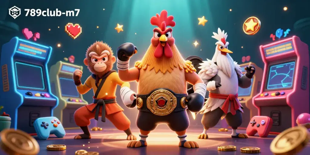 Engage with the 789club-m7 platform in an action-packed casino scene featuring vibrant characters and gaming elements.