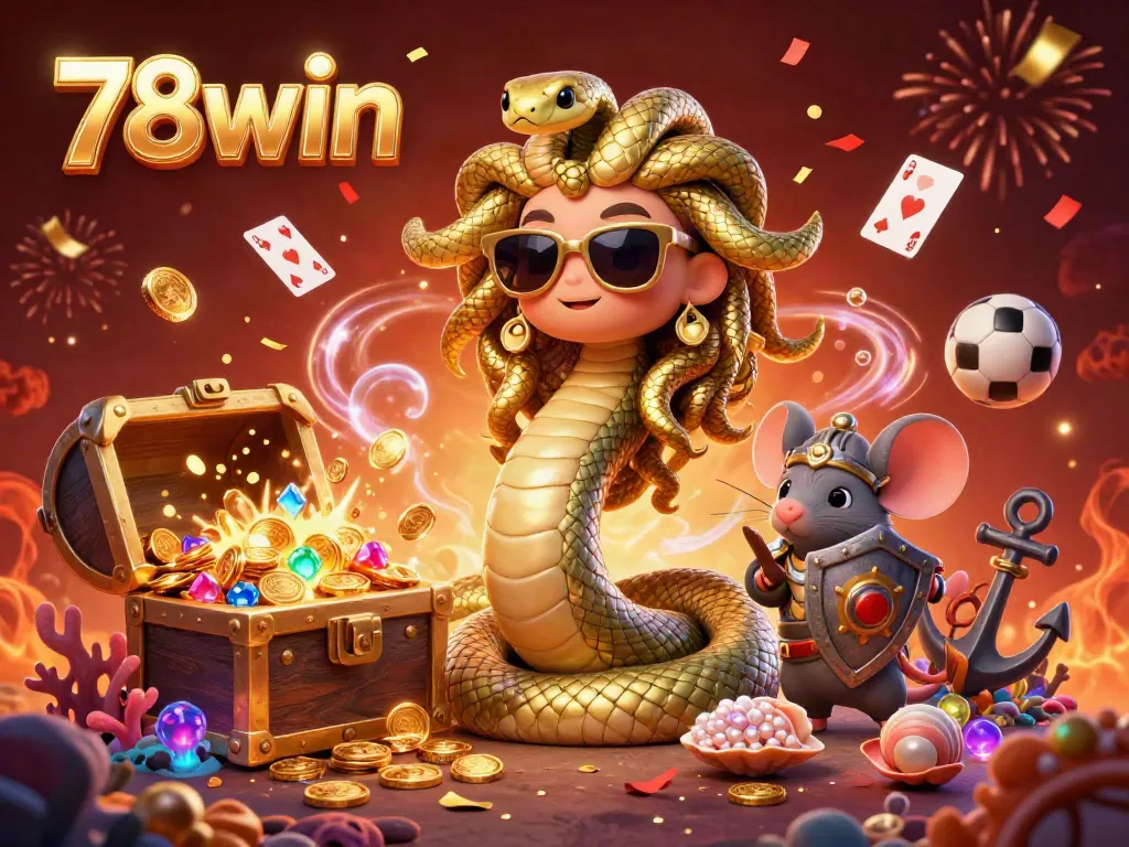 Engage in the excitement of betting with 78win's vibrant illustration of Medusa and sporting elements.