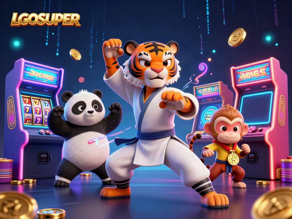 Engage with the vibrant gaming scene in LGOSUPER, featuring a kung fu tiger and a playful panda amidst slot machines.