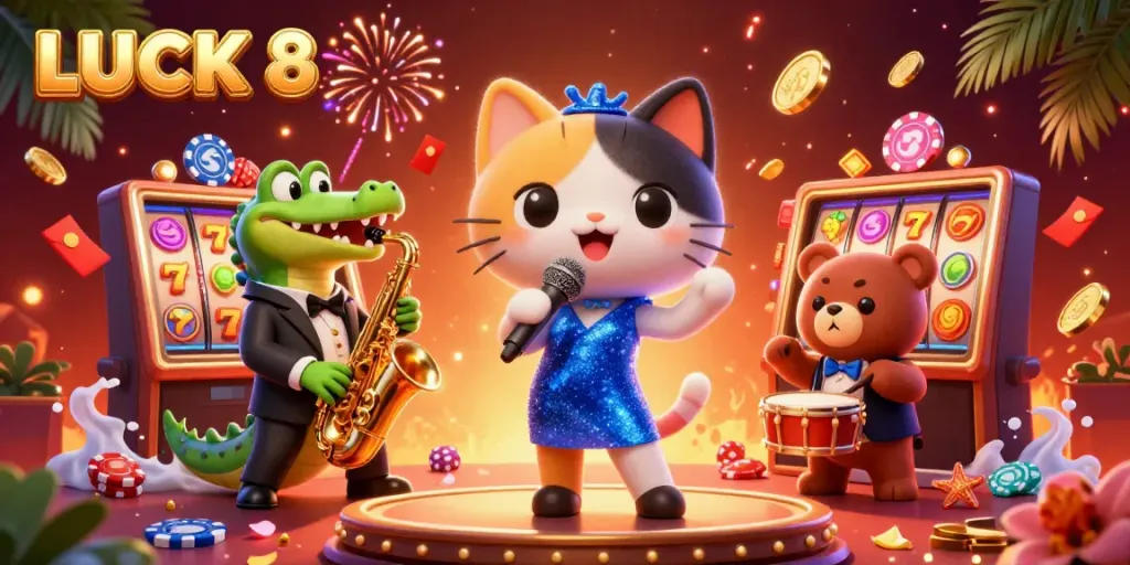 Experience the vibrant world of LUCK 8 with dazzling characters in a lively casino scene.