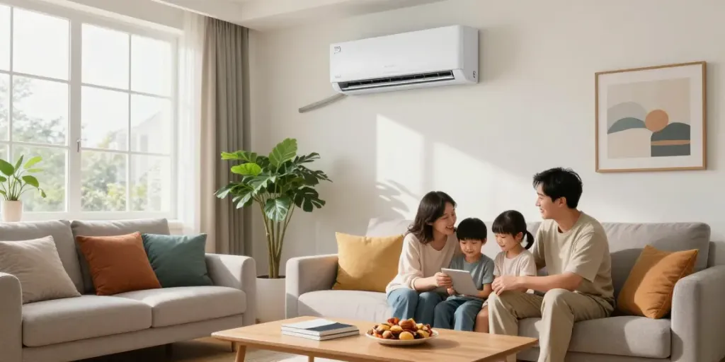 Family enjoying a cozy living room with a mini split air conditioner.