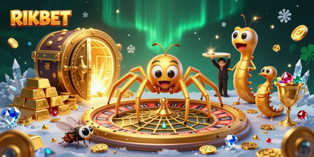 Engage in thrilling betting with RIKBET at a golden roulette web spun by a cartoon spider, surrounded by treasure.