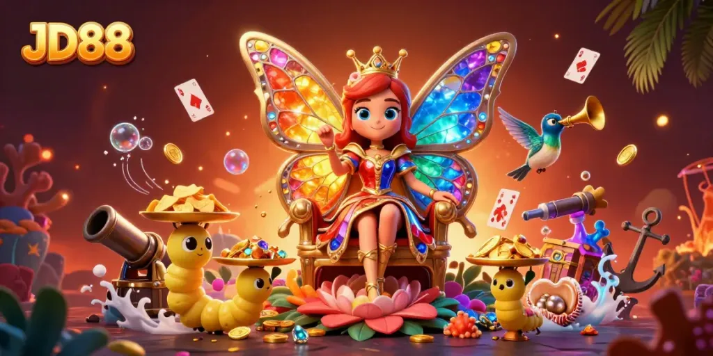 Experience the vibrant world of JD88 with a colorful casino scene featuring unique characters and elements.