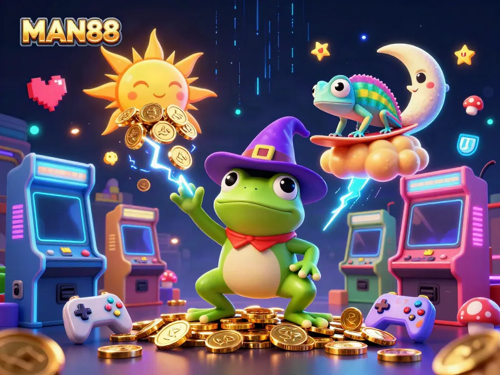 MAN88 offers a thrilling 3D gaming experience, showcasing vibrant characters and casino elements.