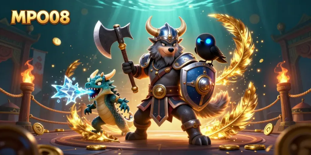MPO08 Viking warrior and dragon facing a casino arena, illustrating excitement in gaming.