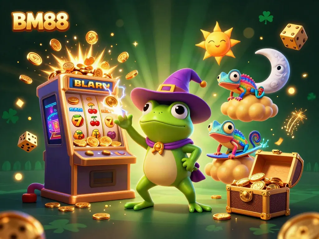 Experience the thrill of the casino with BM88 as a whimsical frog conjures a gold coin storm, symbolizing jackpot excitement.