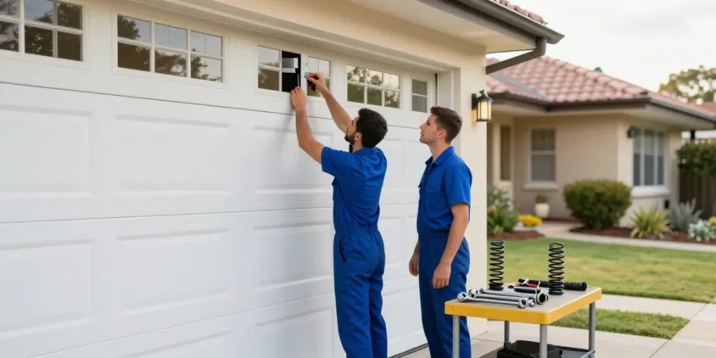 Emergency garage door repair service in action, technician troubleshooting a broken garage door in Perth.