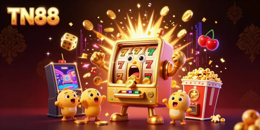 Experience moments of surprise and excitement with TN88's thrilling jackpot celebration featuring lively slot machines.