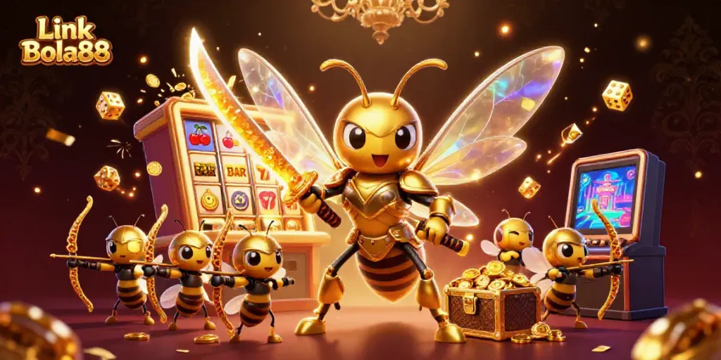 Engage with the vibrant world of gaming at Link Bola88, featuring a dynamic 3D scene with characters and slot machine action.