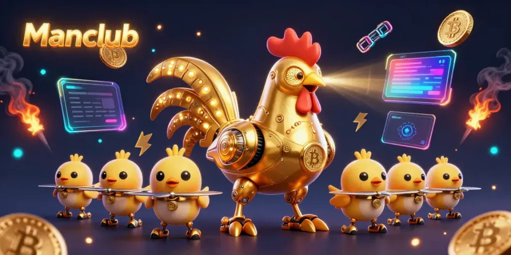 Experience thrilling gameplay at Manclub with robot adventures and crypto coins in an exciting casino illustration.