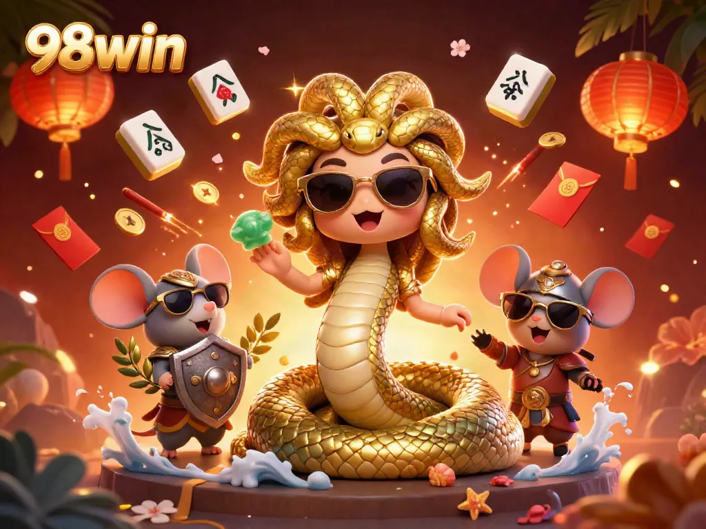 Experience vibrant gaming adventures with 98win, where Medusa and a warrior mouse celebrate luck.