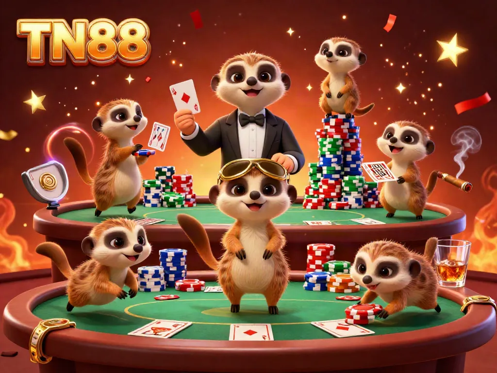 Meerkats operating a vibrant casino scene, showcasing TN88 with poker elements and colorful chips.