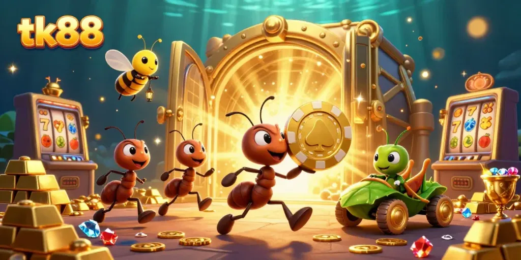tk88 ants executing a casino heist with a giant poker chip and sparkling treasures in a dynamic scene