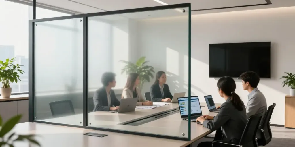 Double-glazed partitions enhancing office collaboration and soundproofing, showcasing modern workspace.