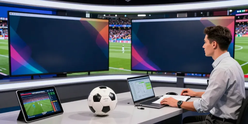 Football analyst reviewing TOP10FOOTBALL rankings and player stats in a modern sports studio.