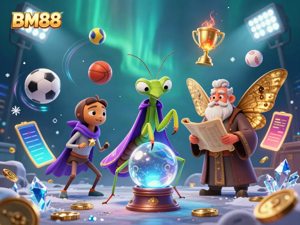 Experience captivating BM88 gaming with animated fortune tellers and sports elements in a vibrant casino scene.