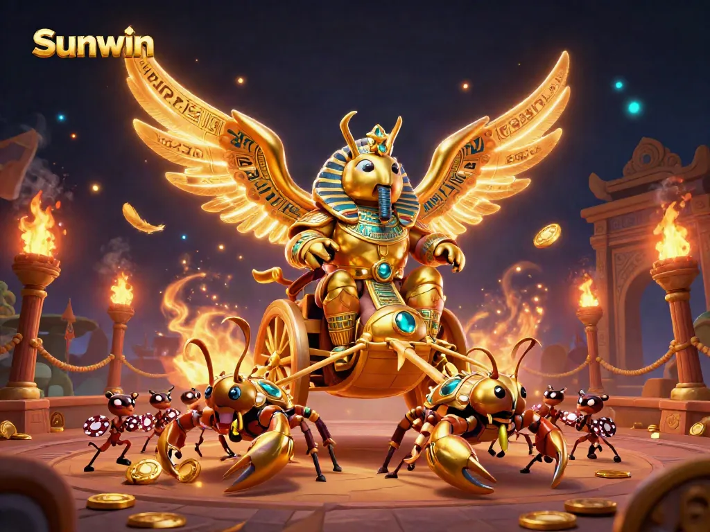 Experience exhilarating gaming at Sunwin with a dynamic 3D illustration showcasing an epic casino adventure.