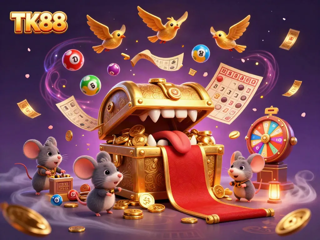 Experience the excitement of TK88 with a colorful, dynamic casino-themed scene filled with adventure and fortune.