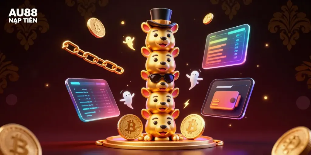 Experience AU88 NẠP TIỀN with a vibrant 3D illustration featuring a golden totem pole and crypto elements.