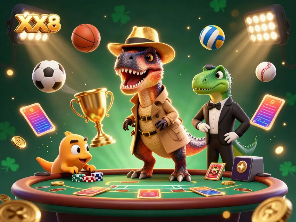 Experience fun at XX8 with a cartoon velociraptor card counter and a stegosaurus pit boss in a vibrant casino scene.