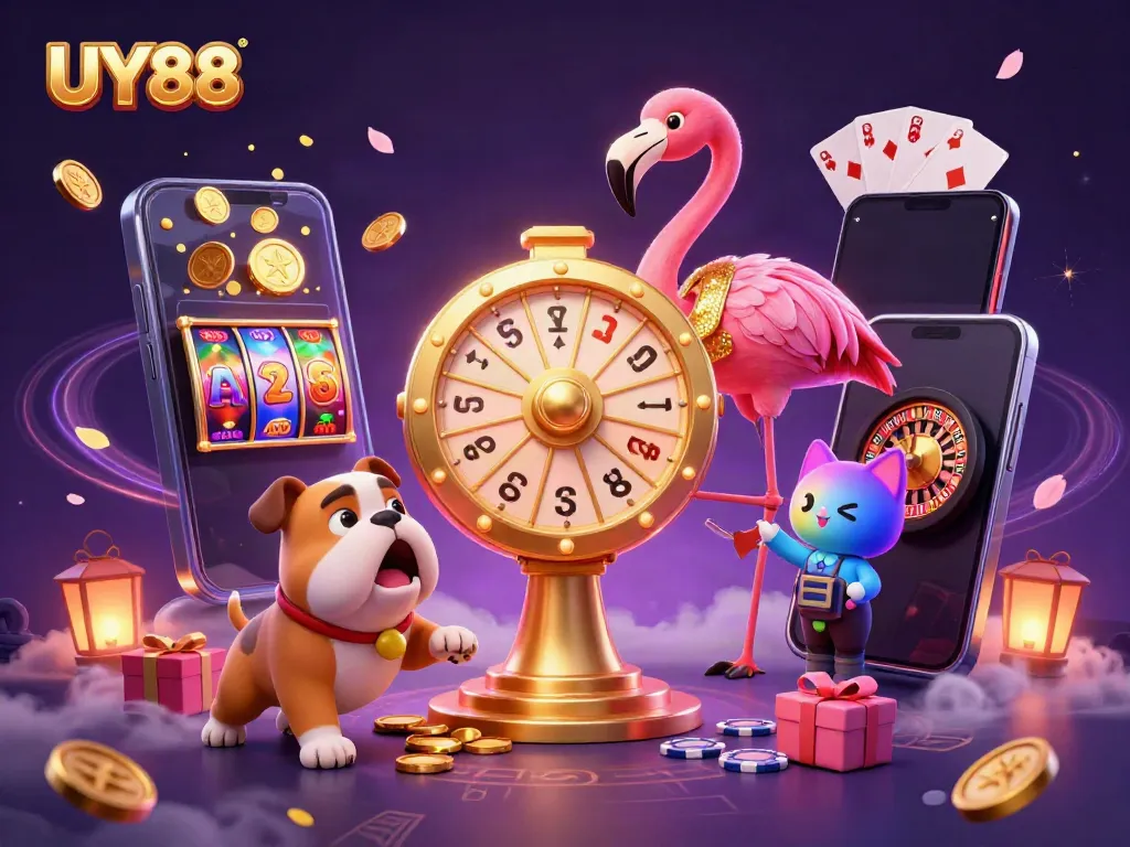 Experience excitement with UY88's thrilling casino games represented in vibrant 3D art.