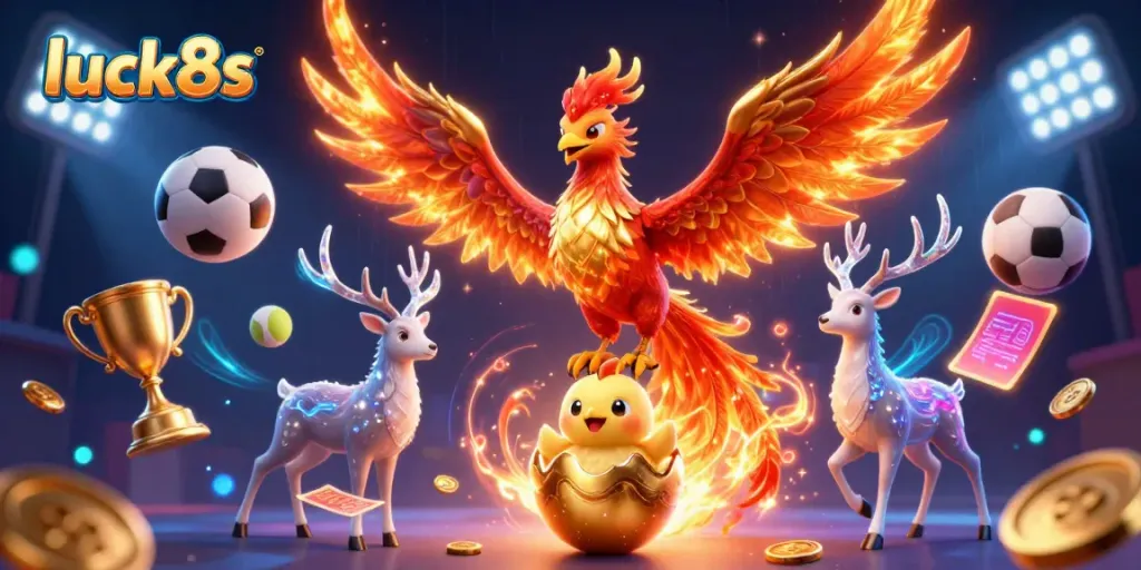Engage with luck8s as golden coins and sports betting elements surround a mystical phoenix and stag in this vibrant illustration.