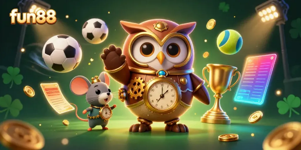 Experience the thrill of fun88 with a vibrant steampunk owl and clockwork mouse in action-packed casino settings.