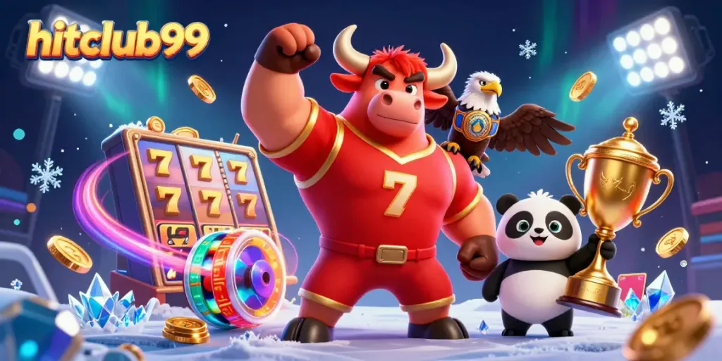 Hitclub99 showcases a vibrant scene with a bull mascot, eagle champion, and panda trophy winner surrounded by jackpot symbols and coins.