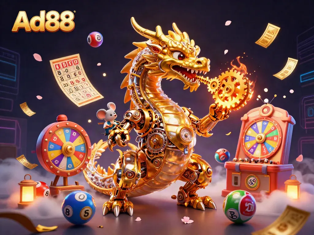 Experience the thrilling action at Ad88 with a golden dragon and vibrant lottery elements.
