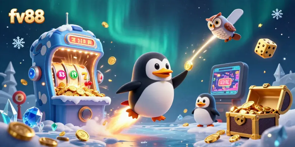 Experience thrill with fv88's vibrant 3D cosmic casino scene featuring a golden penguin and bursting jackpots.
