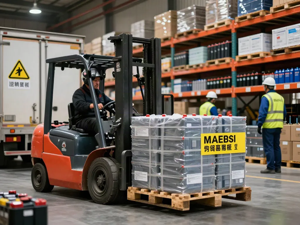 Effizienter Lithium Batterie Transport in einem modernen Lager, mit Gabelstapler und Sicherheitsmaßnahmen.