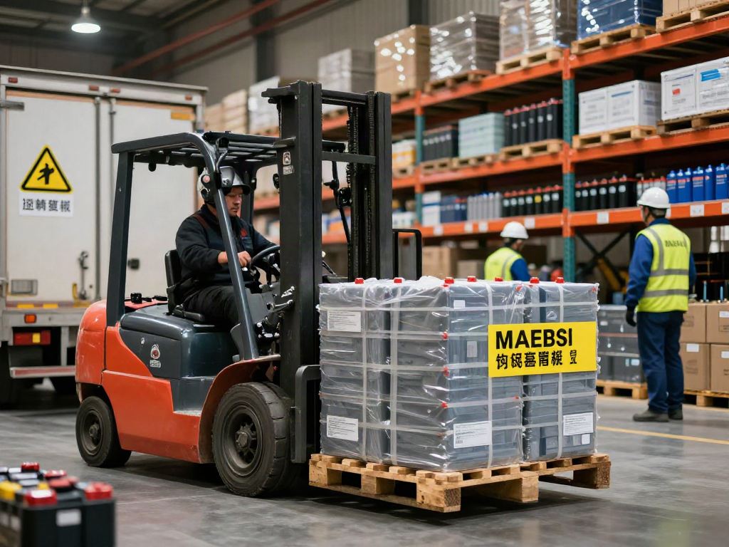 Effizienter Lithium Batterie Transport in einem modernen Lager, mit Gabelstapler und Sicherheitsmaßnahmen.