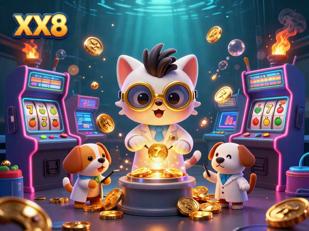 Join the mad scientist cat and dog at XX8 casino, as vibrant casino elements sparkle all around.