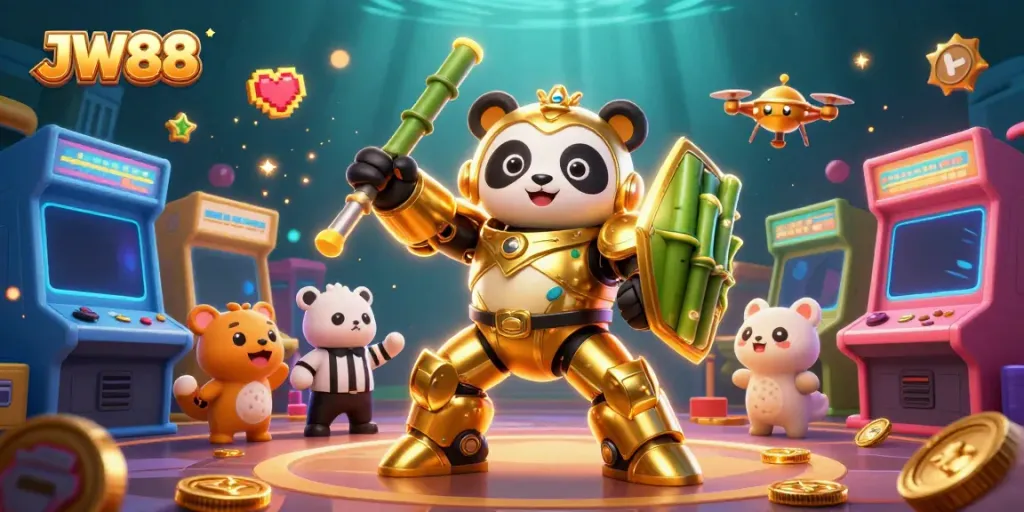 JW88 showcases a vibrant casino scene with a mech-suit panda in an exciting gaming environment.