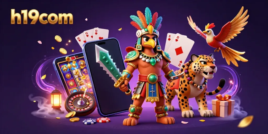 Experience thrilling gaming adventures with h19com's vibrant Aztec-themed casino illustration