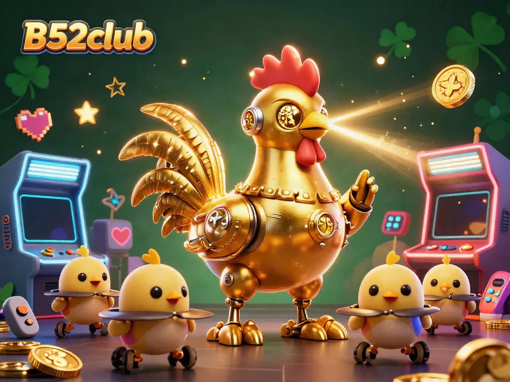B52club engages players with a vibrant 3D casino scene featuring a golden rooster robot and arcade games.