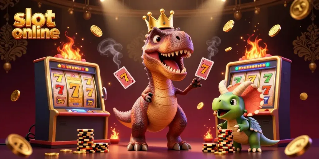 Spin the reels and win with engaging slot online characters in a lively casino scene.